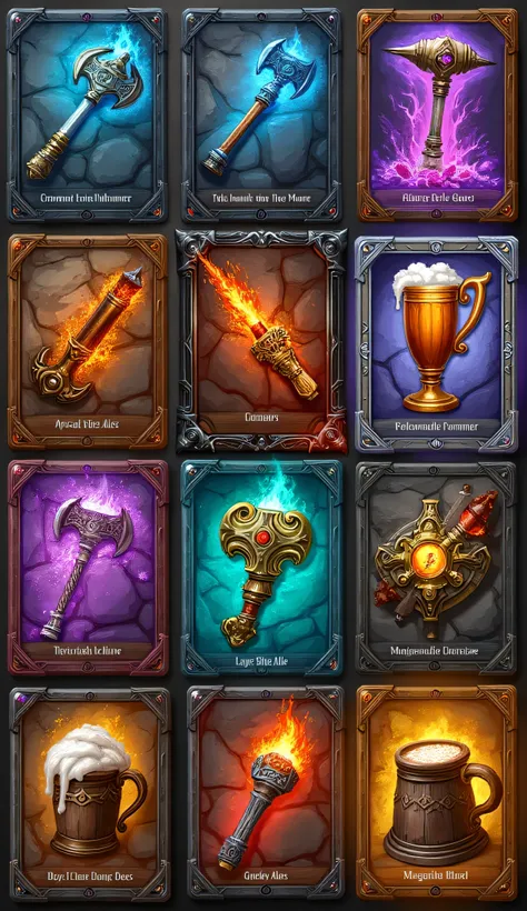 collection of illustrated loot cards, Dwarven culture, Dungeons & Dragons fantasy setting, card features a unique magical item crafted by dwarves, rune-etched battleaxes, intricately forged hammers, enchanted armor pieces with glowing gemstones, tankards o...
