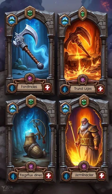 collection of illustrated loot cards, Dwarven culture, Dungeons & Dragons fantasy setting, card features a unique magical item crafted by dwarves, rune-etched battleaxes, intricately forged hammers, enchanted armor pieces with glowing gemstones, tankards o...