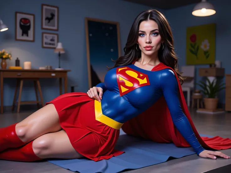 Incredibly sexy young innocentric mature superheroine, hyper detailed blue eyes, beautiful kryptonian superheroine, powerful strut, blue eyes, wavy black hair, determined expression, red and blue costume, long sleeves, closed shoulders, red pleated skirt, ...