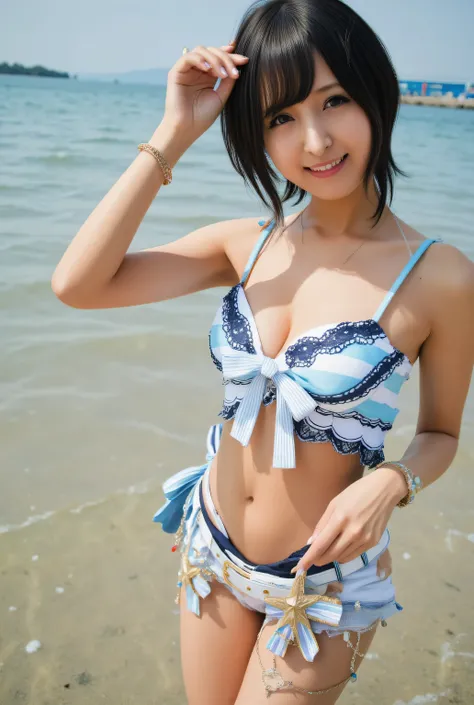 Very noble、She's horny and cute 、 shape、sunburned dark skin、 A beautiful black short bob、 Please wear revealing clothes 、 Wear sensual and attractive lace 。Wear a Sensual Light Blue Sexy Hololive Summer Costume   。。。。。、    Vibrant Color Styles    、  It wil...