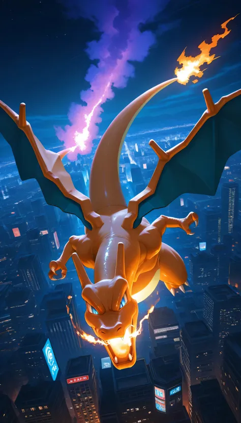 no human, pokemon creature, (charizard:1.5),dynamic sky view from above, night city background, 8k, highly detailed, cinematic lighting, dramatic colors, moody atmosphere, neon lights, stars, glowing clouds, volumetric fog, hyper-realistic,ultra-detailed,s...
