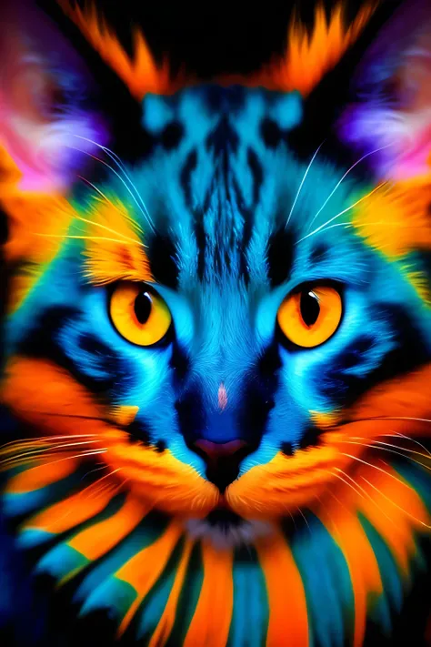 vibrant art , cat portrait , Colorful fur, bright blue and orange hues, detailed beard , expressive eyes, careful gaze, Focused Expression, Glow effect, abstract background, Color Splash , dark background, dynamic lighting with floating light, Creative ...