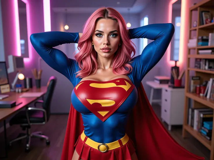 Incredibly sexy young innocentric mature superheroine, hyper detailed blue eyes, beautiful kryptonian superheroine, powerful strut, blue eyes, wavy pink hair, determined expression, red and blue costume, long sleeves, closed shoulders, red pleated skirt, y...