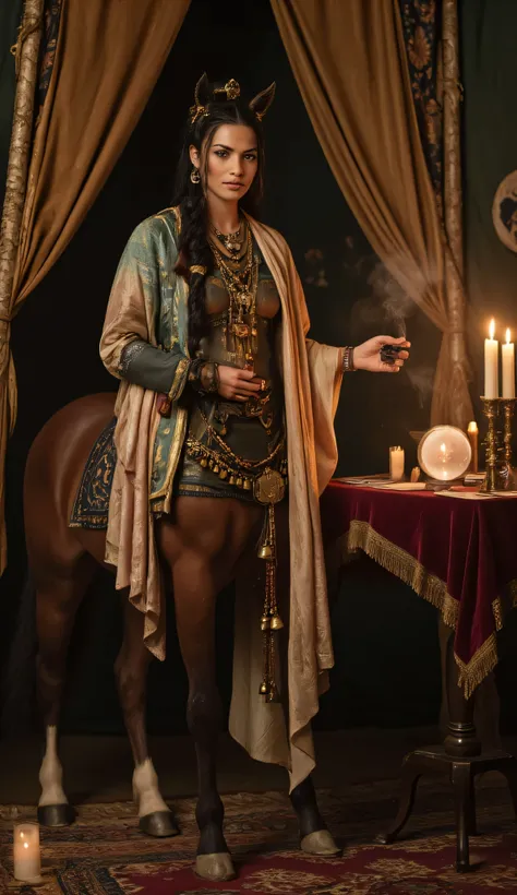 mystical centaur, fortune teller, inside a candlelit tent, magical artifacts, human upper body is draped in flowing scarves, layered jewelry, silken robes adorned with celestial patterns, long dark hair with braids and beads, her eyes glow faintly with mag...
