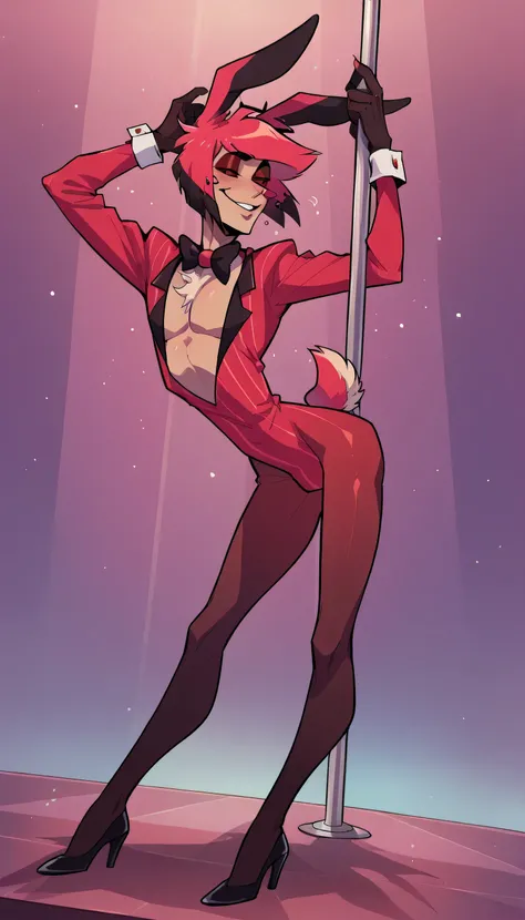 best quality, very detailed illustration , 1 boy, delgado, male body, thin waist , simple drawing, Artifyber style , pastel flat colors ,tall thin human man, boy fluffy hair, bunny body suit , open chest, high heels, dancing on pole , holding pole , hangi...