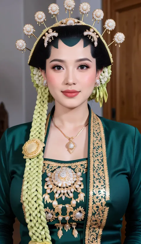  woman with her chin split in half in a green Javanese traditional kemben. Green Javanese traditional sarong.  silver , cuffs, collar,  gold crown on his head  .  in front of the camera . nice detail .  And nice . °mix4 , 20d,hyper-realistic:1.37),16K HD, ...
