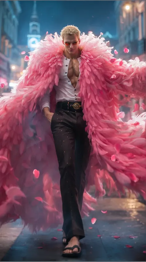 score_9, score_8_up, score_7_up, source_anime, detailed, wallpaper, beautiful details, donquixote doflamingo, one piece, 1man, male focus, ultra realistic, full body shot, stylish tall muscular man, short bleached blond hair with sharp texture, tanned skin...
