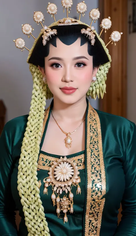  woman with her chin split in half in a green Javanese traditional kemben. Green Javanese traditional sarong.  silver , cuffs, collar,  gold crown on his head  .  in front of the camera . nice detail .  And nice . °mix4 , 20d,hyper-realistic:1.37),16K HD, ...