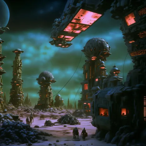 Sci fi, weirdcore, horror, creep style, Different Alien lifeforms are flying through a highly advanced and technologically sophisticated metropolis im a spaceship that is a mix of technology and organic structures. The lights inside it are bioluminescent p...
