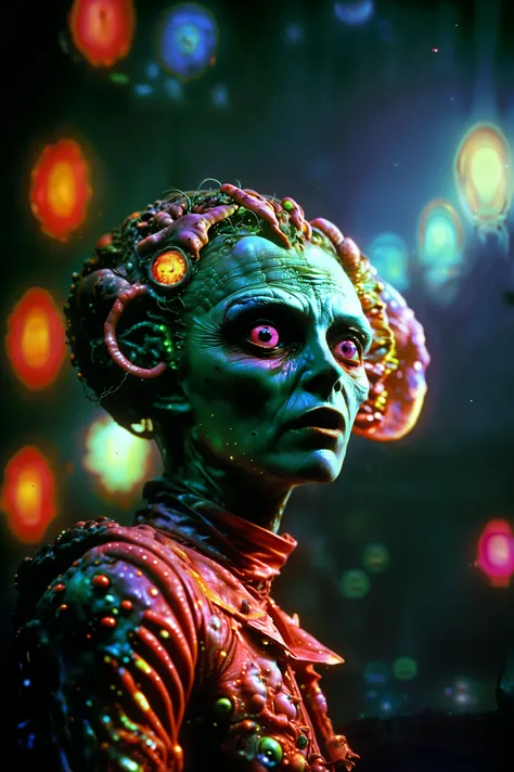 Sci fi weirdcore, horror, creep style, Different Alien lifeforms are floating through a highly advanced and technologically sophisticated pool of different chemicals that life is striving in. In a hyper-futuristic aesthetic, set against a backdrop of unusu...