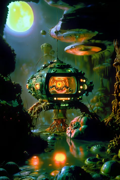 Sci fi weirdcore, horror, creep style, Different Alien lifeforms are floating through a highly advanced and technologically sophisticated pool of different chemicals that life is striving in. In a hyper-futuristic aesthetic, set against a backdrop of unusu...