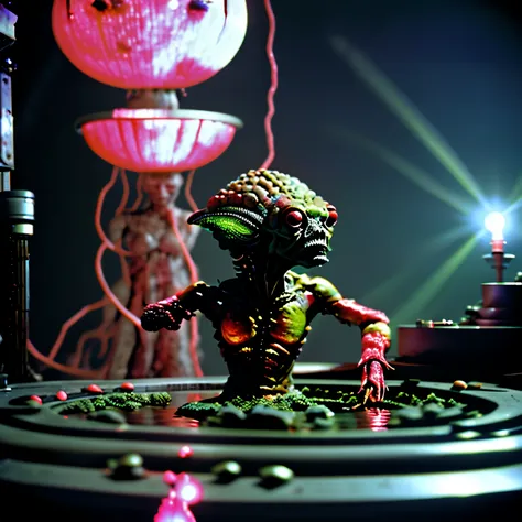 Sci fi weirdcore, horror, creep style, Different Alien lifeforms are floating through a highly advanced and technologically sophisticated pool of different chemicals that life is striving in. In a hyper-futuristic aesthetic, set against a backdrop of unusu...
