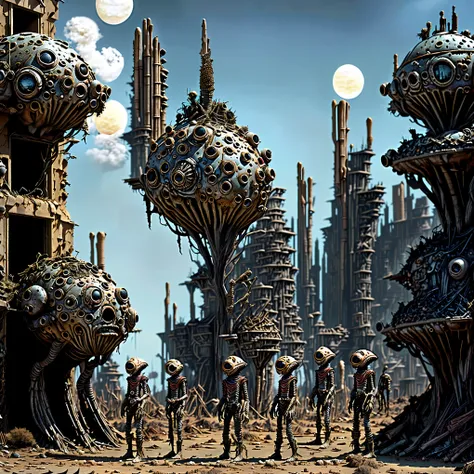 detailed post-apocalyptic landscape, excessively bright sun, strange mutated humanoid creatures, survivors trying to live, dystopian atmosphere, ruins, highly detailed, 8K, photorealistic, unreal engine,cinematic lighting, dramatic shadows, gritty, muted c...
