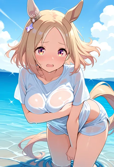narita top road \(umamusume\),(((masterpiece))),(((detailed)))((best quality)),((hyper detailed)),(beautiful),((shinythighs)),(((shiny skin))),(high quality skin),((8k)),((high resolution)),flustered and embarrassed,nose blush.upturned eyes,wavy mouth,very...