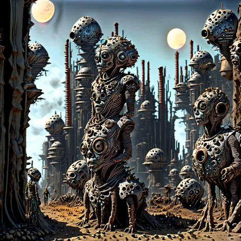 detailed post-apocalyptic landscape, excessively bright sun, strange mutated humanoid creatures, survivors trying to live, dystopian atmosphere, ruins, highly detailed, 8K, photorealistic, unreal engine,cinematic lighting, dramatic shadows, gritty, muted c...