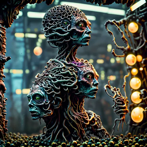 Change this image through the bizarre checkpoint and additional loras. A hyperrealistic digital painting of twisted, organic humanoids, faces grow wherever and on whoever they can, organic creatures search for food and blood, highly detailed, complex anato...