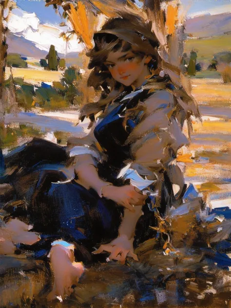 painting of a woman sitting on a rock in a field, john signer sargent, girl of the alps, danile gerhartz, john singer sargent style, dean cornwell style, part dean cornwell style, inspired by Daniel F. Gerhartz, jeremy lipking full length shot, john sargen...