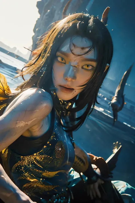 Yellow Eye((scale))Extraordinary man with golden medium long hair((medium long blonde、Yellow hanging eyes))魚のscaleのついた筋肉のある絶世美男性((Gorgeous Fantasy Outfit))beautiful man with very thin chin is expressionless((scaleと薄黄色肌がシームレスの融合))beautiful man with accurate...