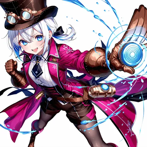 high resolution、High Quality、short cut hair, low ponytail 、 white hair、stupid hair、black pantyhose 、Boyish clothes、double teeth、solo、Thick-soled boots、 asymmetric hair 、 simple eyes 、white background、standing、huge steampunk gloves、right straight p...