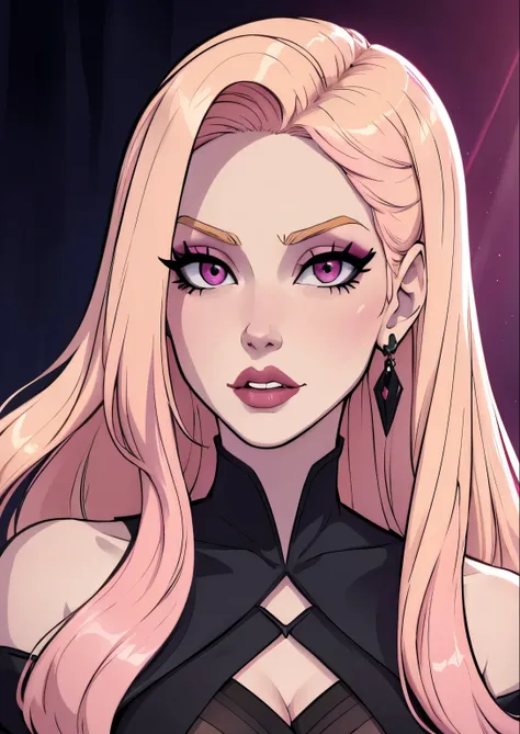 masterpiece, best quality, 1female, beautiful, face portrait, 1girl, face focus, deep makeup, cell shading, long hair, straight hair, pink-blonde hair, pale skin, intense makeup, goth
