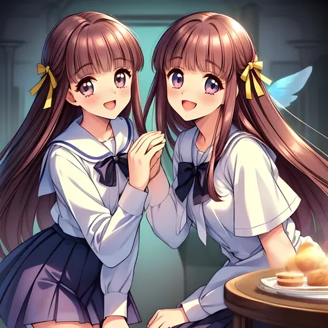 (highest quality, masterpiece:1.2), highest quality, High resolution, 1080p, 8K, (Three amazingly beautiful noble pure clean neat ethereal (love story heroines) are having a noble tea party together around a table in a underground classroom, inviting me to...