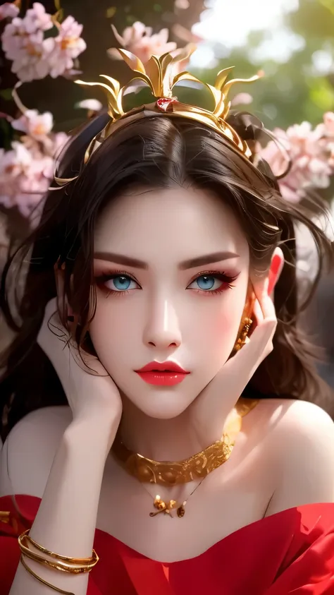 One 20 year old girl, breast 1.1, navel,upper body,bare shoulders,wears red tube top,red skirt, blue gems,shiny skin,hand in own hair,(mature female),milf, beautiful cai lin, deep blue eyes, jet black long hair, 8k resolution high quality. ...