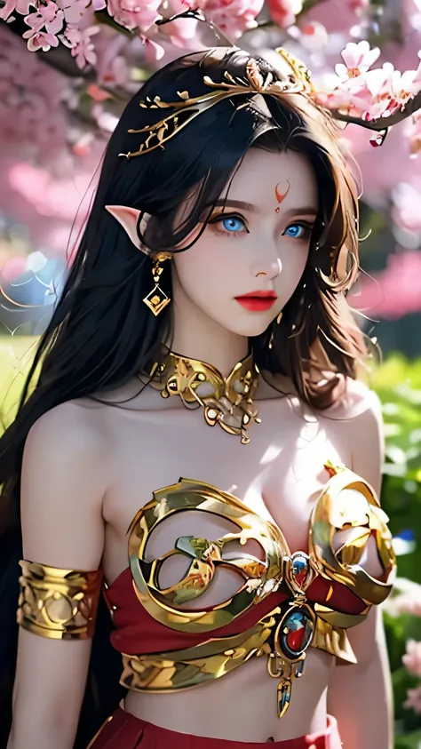 One 20 year old girl, (breast :1.1), navel,upper body,bare shoulders,wears red tube top,red skirt, blue gems,shiny skin,hand in own hair,(mature female),milf, beautiful cai lin, deep blue eyes, jet black long hair, face symmetry, eye symmetry,8k resolution...