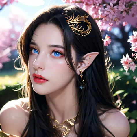 One 20 year old girl, (breast :1.1), navel,upper body,bare shoulders,wears red tube top,red skirt, blue gems,shiny skin,hand in own hair,(mature female),milf, beautiful cai lin, deep blue eyes, jet black long hair, face symmetry 8k resolution high quality....