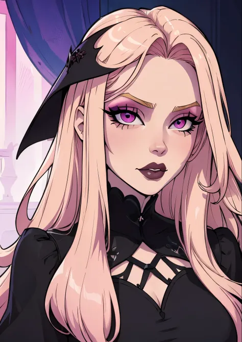 masterpiece, best quality, 1female, beautiful, face portrait, 1girl, face focus, deep makeup, cell shading, long hair, straight hair, pink-blonde hair, pale skin, intense makeup, goth