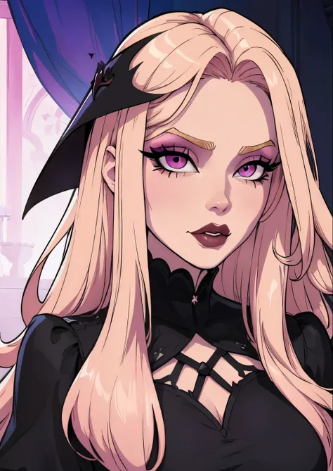 masterpiece, best quality, 1female, beautiful, face portrait, 1girl, face focus, deep makeup, cell shading, long hair, straight hair, pink-blonde hair, pale skin, intense makeup, goth