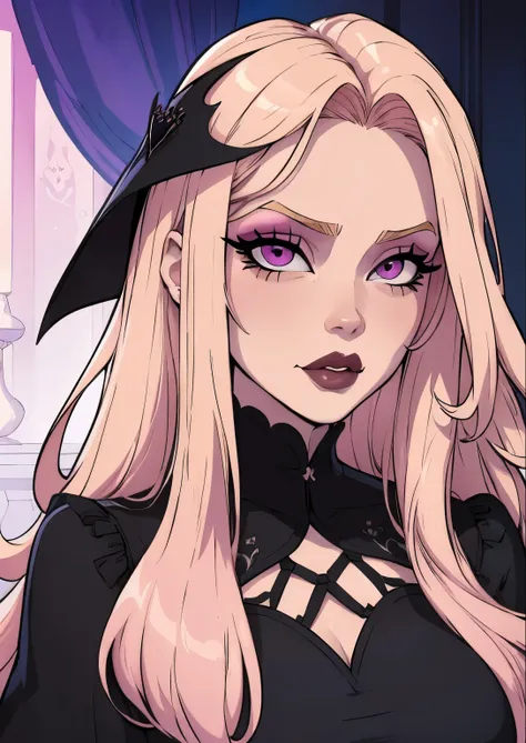 masterpiece, best quality, 1female, beautiful, face portrait, 1girl, face focus, deep makeup, cell shading, long hair, straight hair, pink-blonde hair, pale skin, intense makeup, goth
