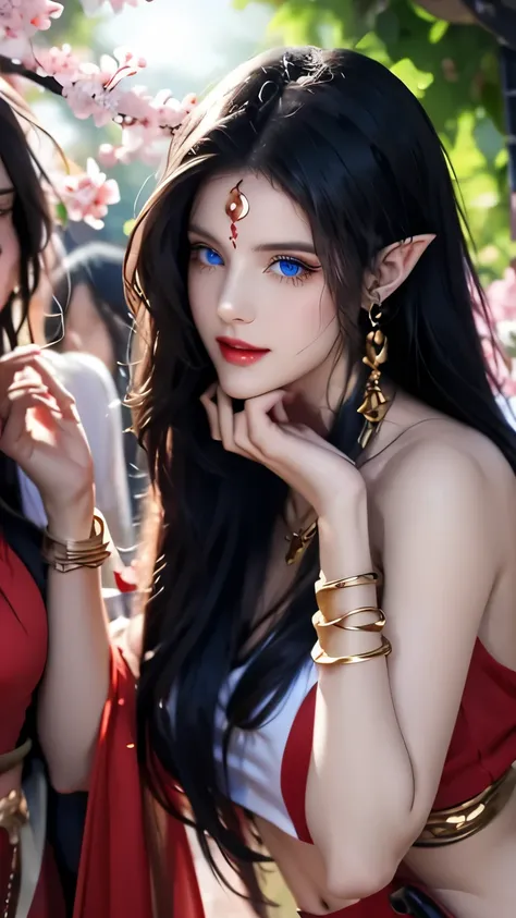 One 20 year old girl, (breast :1.1), navel,upper body,bare shoulders,wears red tube top,red skirt, blue gems,shiny skin,hand in own hair,(mature female),milf, beautiful cai lin, deep blue eyes, jet black long hair, face symmetry, eye symmetry,8k resolution...