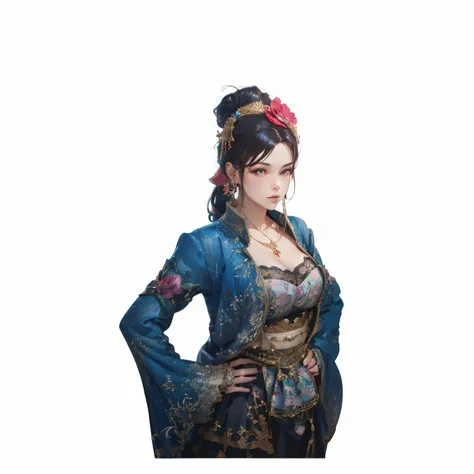 Front view of a woman，H cup， are perfectly detailed，has exquisite facial features， Clothes are exquisite ， Game Character Design ，3D Rendering