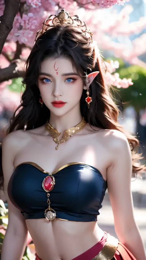 One 20 year old girl, breast 1.1, navel,upper body,bare shoulders,wears tube top,red skirt, blue gems,shiny skin,hand in own hair,(mature female),milf, medusa, deep blue eyes, jet black long hair, 8k resolution high quality,background: around the garden su...