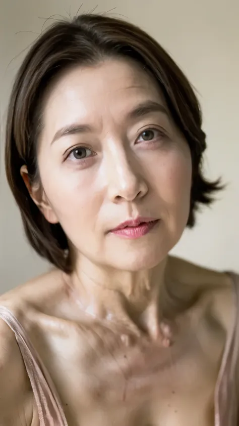 masterpiece, ((Great Focus)), 32K, Beautiful finish, Beautiful mature woman, 120-year-old woman, Portraiture, View from the front, Short Bob, Red lips, Thin lips, Completely naked, Round 1, Light from the front,