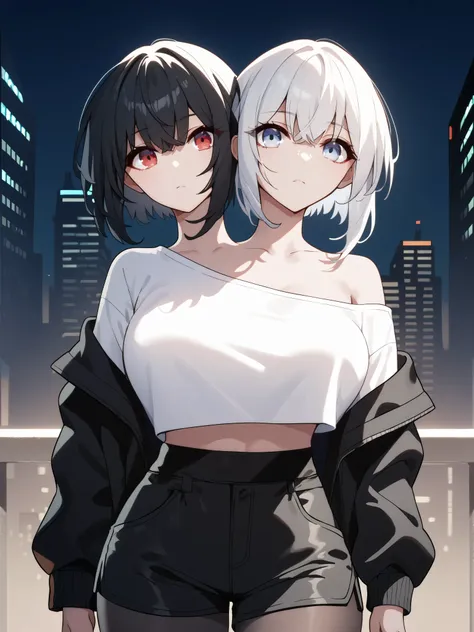 2heads, twoheads, a tall thin woman with 2 heads, white hair, black hair, blue eyes, red eyes, white shirt, black jacket, black pantyhose, off shoulder, black shorts, large breasts, city,