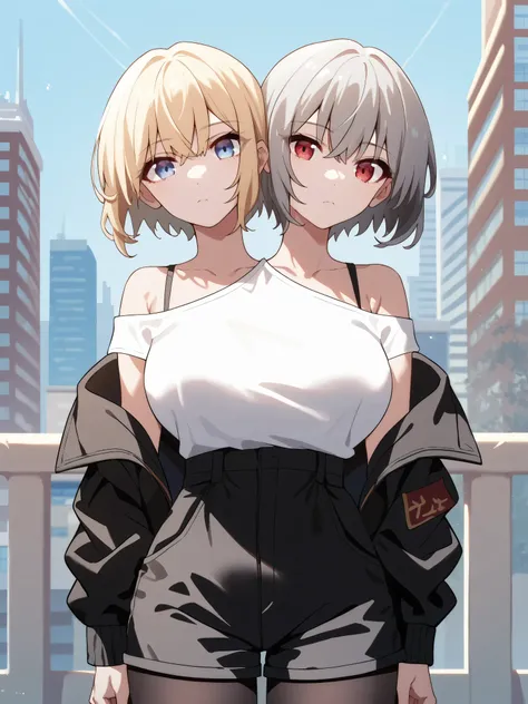 2heads, twoheads, a tall thin woman with 2 heads, grey hair, blonde hair, blue eyes, red eyes, white shirt, black jacket, black pantyhose, off shoulder, black shorts, large breasts, city, upper body