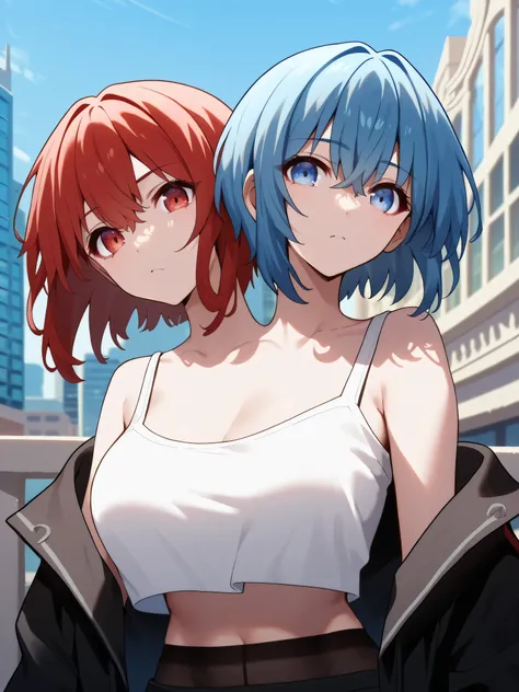 2heads, twoheads, a tall thin woman with 2 heads, red hair, blue hair, blue eyes, red eyes, white shirt, black jacket, black pantyhose, off shoulder, black shorts, large breasts, city, upper body