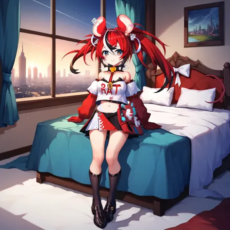 detailed, intricate details, FaceDetail, stunning, masterpiece, best quality, detailed eyes, vivid eyes, score_9, score_8_up, score_7_up, full body shot, 4partment, indoors, window, scenery, cityscape, night, midnight, Hakos Baelz, red hair, rat ears, hair...