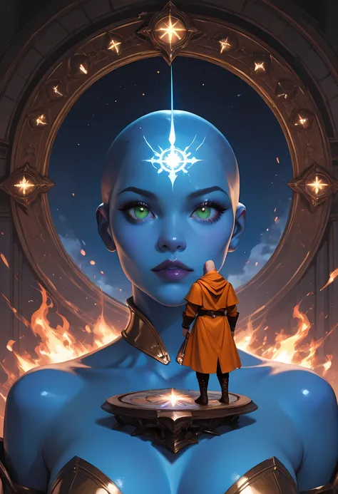 portrait a olo female ((blue skin: 1.5)), intense details facial details, exquisite beauty, cleric, (dark blue skin: 1.5)) female, ((bald)), (((no ears: 1.5))), (green eyes: 1.3), armed with a fiery sword red fire, wearing (twilight priestly combat vestmen...
