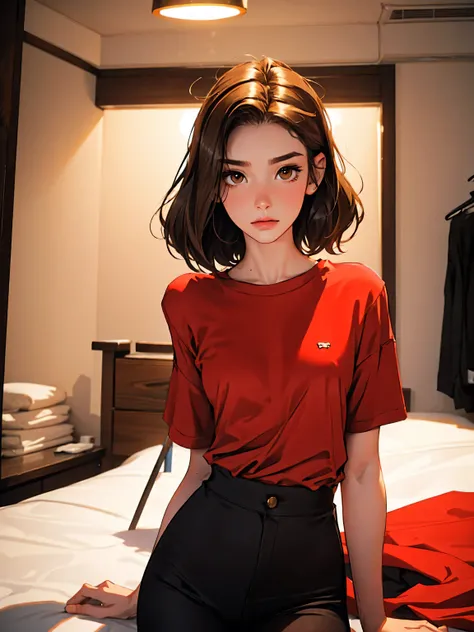 20 year old model, (only 1 girl), beautiful, brown hair, (shoulder length hair), , short glossy hair, hazel eyes, beautiful figure, beautiful long legs, , top quality, highest quality, pin-up style, red shirt, white shirts,, dark makeup, small breasts, ...