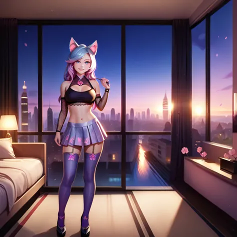 detailed, intricate details, FaceDetail, stunning, masterpiece, best quality, detailed eyes, vivid eyes, score_9, score_8_up, score_7_up, full body shot, 4partment, indoors, window, scenery, cityscape, night, midnight, in front of bed, 1girl, solo, silverv...