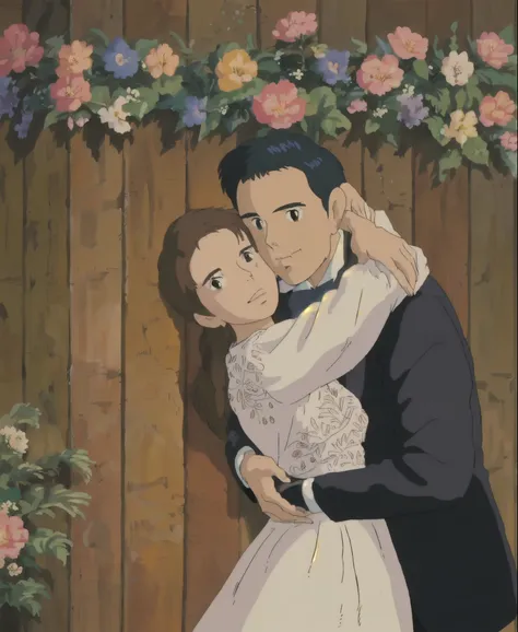 Anime wedding scenes,bride and groom hugging each other, The style of Ghibli animation, Ghibli animation screenshot, 来自Studio Ghibli的电影, official Studio Ghibli, The style of Ghibli animation style, Studio Ghibli, 在Studio Ghibli动画电影, Hayao Miyazaki, Studio ...