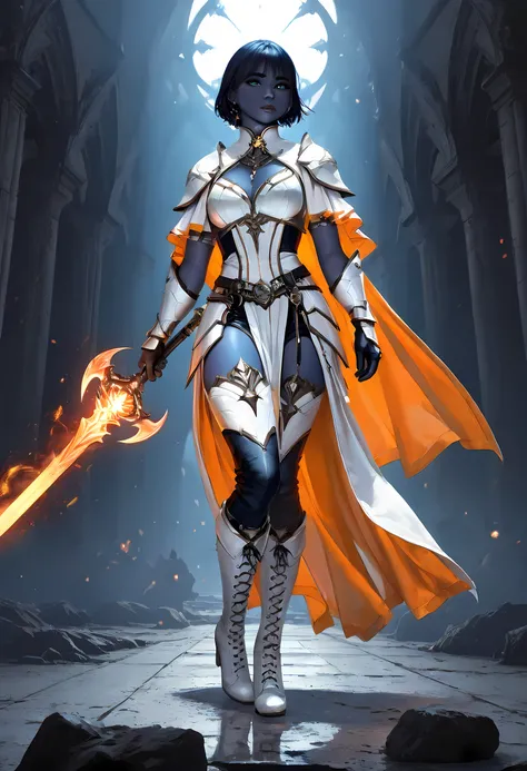 portrait of a female cleric ((dark blue skin: 1.5)), intense details facial details, exquisite beauty, cleric, (dark blue skin: 1.5)) female, ((bold)), (((no ears: 1.5))), (green eyes: 1.3), armed with a fiery sword red fire, wearing (twilight priestly com...