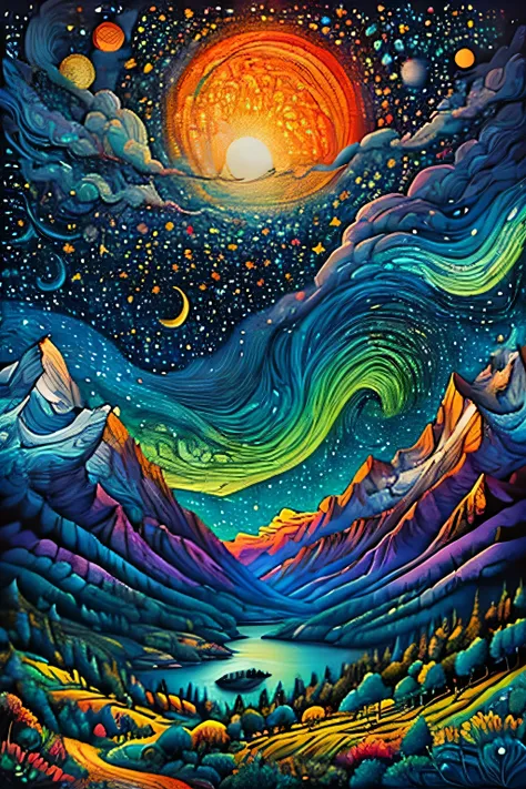 グスタフクリムト 、Woodblock print、universe、Dramatic、emphasizes the immeasurable power of nature. universeのスケール感と静けさを与えている. The overall atmosphere is dynamic and dramatic, universeの生のエネルギーと美しさをとらえている.愛の世界