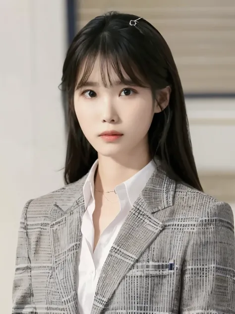 best quality, RAW photo, IU, Lee Ji Eun, 1girl, solo, looking at viewer, bangs, shirt, 、薄い茶髪、歯を見せた笑顔、 jacket, upper body, collared shirt, ,耳にピアス、ネックレス、カメラ目線、