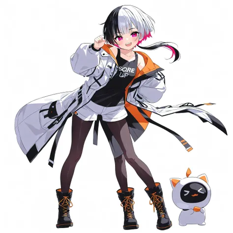 high resolution、High Quality、solo、short cut hair, low ponytail 、 2 color hair、stupid hair、black pantyhose 、Boyish clothes、double teeth、Thick-soled boots、 asymmetric hair 、 simple eyes 、white background、standing, casual shorts、 cute pose、full body
