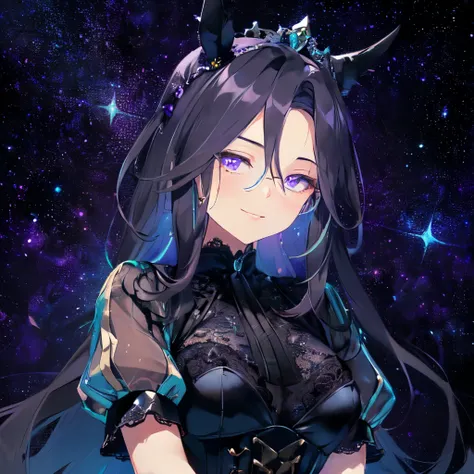 (Solo: 2). Girl. (Girl with horse ears: 1.5). (Girl with horse tail: 1.5). (Muscular girl: 1.5). (Full beautiful breasts: 1.5). (Black hair: 1.5). (Sitting torture: 1.5). (Hidden fingers: 1.5). (Arms crossed: 1.5). (Flashy blue sheer short sleeve lace dres...