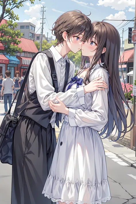 (masterpiece) attention to detail, masterpiece),(high image quality)One couple in their 20s, female1名、Kiss、Romance、Sparkling atmosphere、Glossy appearance、Night City,female(brown medium long hair )close ~ eye、Sweet Sigh、male(Black Disheveled Hair、Y shirt, s...