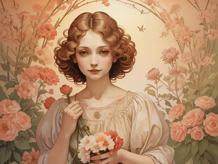 379 (20 year old women),(short hair),(gentle smile),(high quality photos),(Da Vinci ),(colorful floral dress),(A room with a large painting),((contrast between light and shade))